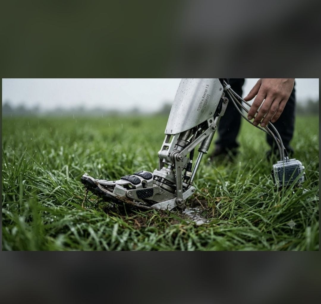 Bionic leg with engraving «POLLY v.Contour 1.5 ID: [7D2A1F]» standing on rain‑wet grass — a bridge from dream to sensation
